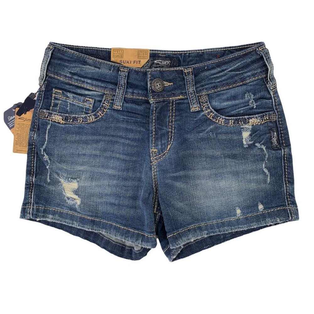 NWT Silver SUKI Mid Rise Medium Wash Distressed Denim Shorts Size 27